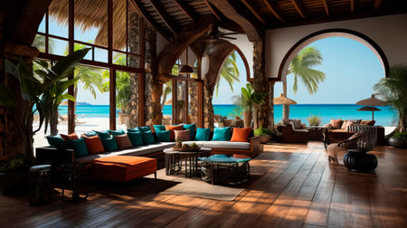 Tropical resort lobby with a thatched roof, wooden beams, and views of the ocean. Generative AIの素材