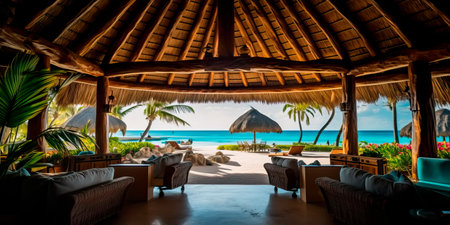 Tropical resort lobby with a thatched roof, wooden beams, and views of the ocean. Generative AIの素材