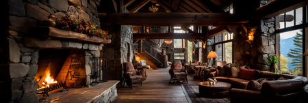 inviting and cozy lodge lobby in a mountain retreat, featuring a stone fireplace, wooden beams, and rustic furnishings. Generative AIの素材