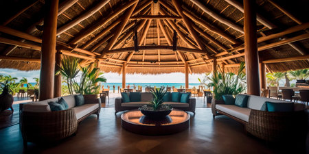 Tropical resort lobby with a thatched roof, wooden beams, and views of the ocean. Generative AIの素材