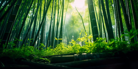 bamboo forest in Japan, where sunlight filters through the dense canopy, creating a peaceful play of light. Generative AIの素材