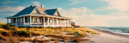 cottage residential exterior with weathered shingles, a wraparound porch, and beach-inspired decor. Generative AIの素材