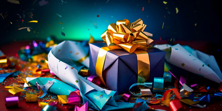 gift box with torn wrapping paper, surrounded by unopened wrapping paper rolls. Generative AIの素材