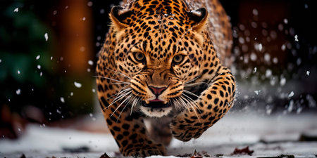 snow leopard navigating rocky terrain, perfectly adapted to its surroundings, as it moves closer to its prey with utmost care. Generative AIの素材