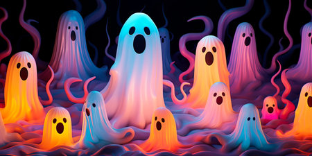 pattern with mischievous, floating ghosts in various sizes and expressions. Generative AIの素材