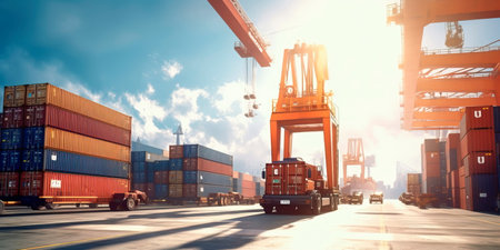 Crane operator in a busy seaport, cargo containers in the background. Generative AIの素材