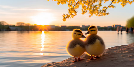 ducklings on the lake, tenderness and care for animals.の素材