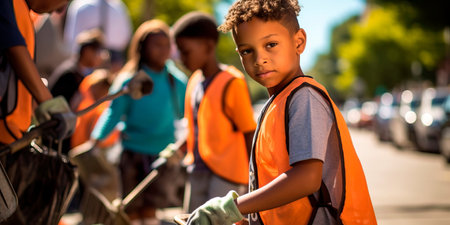 children participating in a citywide cleanup competition, inspiring civic responsibility.の素材