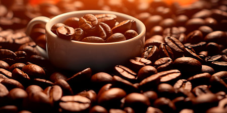 close-up of glossy, freshly roasted coffee beansの素材