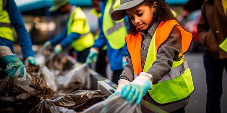 children participating in a citywide cleanup competition, inspiring civic responsibility.の素材