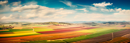 patchwork fields in a rural landscape with different crops and colorsの素材