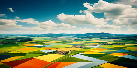 patchwork fields in a rural landscape with different crops and colorsの素材