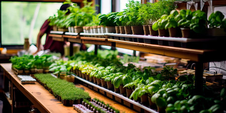 innovative aquaponics farm system, showcasing fish tanks and hydroponic vegetable beds in harmony.の素材