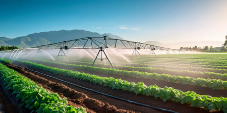 sprinklers attached to the pipeline, distributing water evenly across a large field.の素材