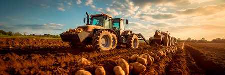 farming techniques as farmers efficiently harvest potatoes using specialized machinery, revealing rows of freshly dug tubers.の素材