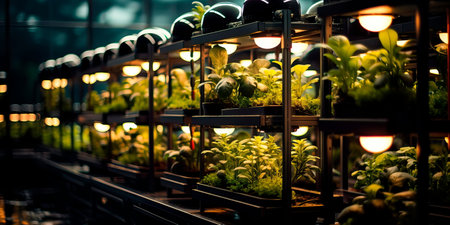 innovative aquaponics farm system, showcasing fish tanks and hydroponic vegetable beds in harmony.の素材