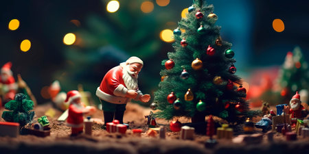 toy santa putting gifts under the treeの素材