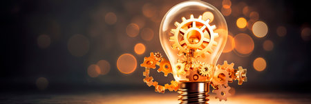 light bulb surrounded by gears and cogs, symbolizing the innovation driving businessの素材