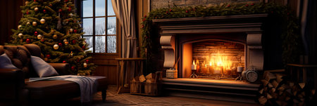 fireplace and a blooming Christmas tree in a cozy guest house.の素材