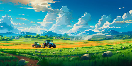 sprawling agricultural farm with fields of crops, tractors, and machinery involved in food production for a growing population.の素材