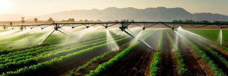 sprinklers attached to the pipeline, distributing water evenly across a large field.の素材