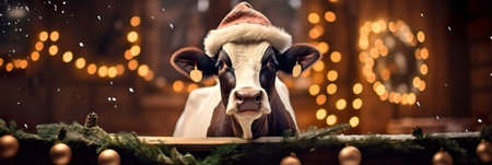 A cow in a New Year's hat with bells.の素材