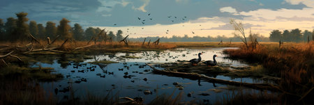 diverse ecosystem in a wetland area, showcasing birds, plants, and waterfowl.の素材