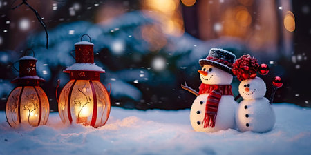 Christmas evening with lights and snowmen. Happy new yearの素材