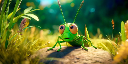 cute friendly grasshopper and his journeys along the paths.の素材