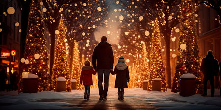 Family walk on New Year's Eve under Christmas decorations.の素材