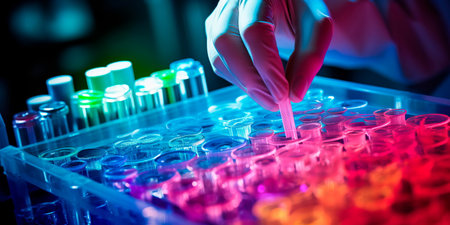 researcher's hands holding a pipette tip just above a microplate well, ready to dispense a small sample for analysis.の素材