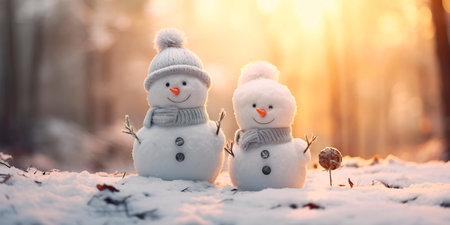Snowmen made of white paper and cotton wool.の素材