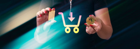 Woman holding gold and a bitcoin symbol on a business futuristic