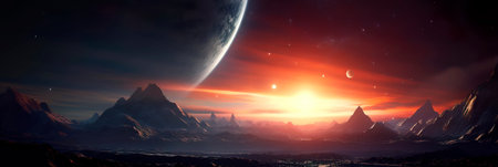 cosmic vista from the surface of a distant exoplanet, with an alien landscape. Generative AIの素材