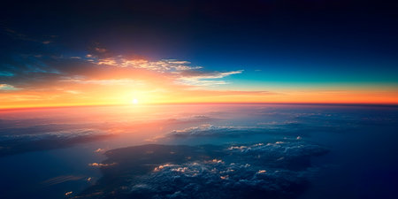 Earth with the sun setting on the horizon, casting a warm glow over the starry sky. Generative AIの素材