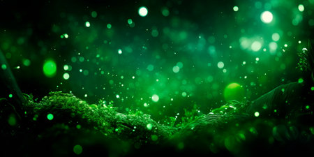 abstract background with bokeh lights in shades of green, evoking a tranquil forest setting. Generative AIの素材