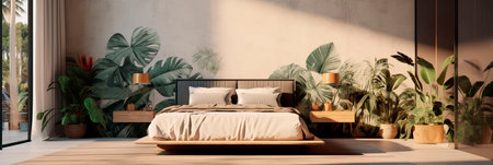 minimalist bedroom with a concrete accent wall, featuring a vibrant indoor tropical garden as a focal point. Generative AIの素材