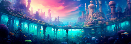 fantastical underwater city with dynamic of underwater life and structures, painted in vibrant and surreal colors. Generative AIの素材