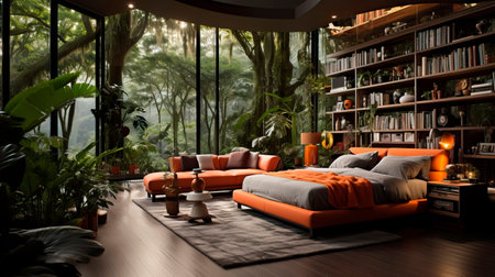 minimalist bedroom with a concrete accent wall, featuring a vibrant indoor tropical garden as a focal point. Generative AIの素材