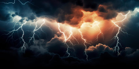 thunderstorm with lightning streaking across the sky, showcasing the raw power and dynamic nature of nature's forces. Generative AIの素材