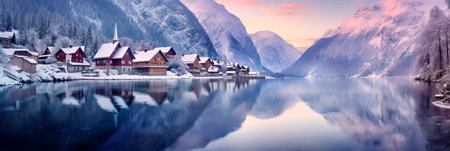 village with charming cottages painted in shades of soft lavender and icy blues. Generative AIの素材