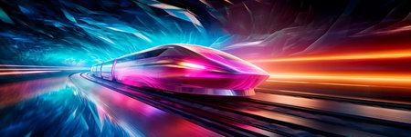 high-speed train racing through a futuristic, neon-lit tunnel, evoking a sense of motion and technological advancement. Generative AIの素材