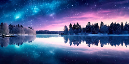 serene winter lake with ice skaters gliding gracefully under a starry night sky. Generative AIの素材