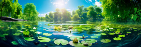 tranquil lakeside with water lilies floating on the surface, surrounded by lush foliage. Generative AIの素材