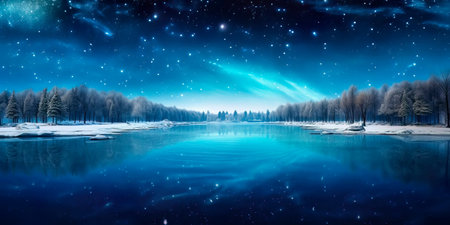 serene winter lake with ice skaters gliding gracefully under a starry night sky. Generative AIの素材
