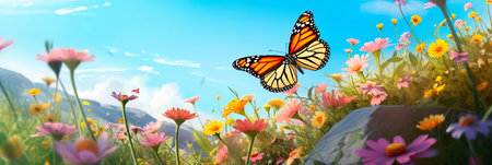 butterfly perched on a cluster of vibrant wildflowers, symbolizing the beauty of nature. Generative AIの素材