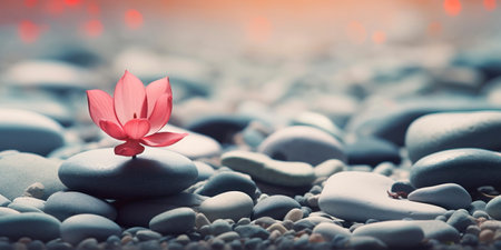 serene Zen garden with meticulously arranged pebbles and a single, elegant flower Generative AIの素材