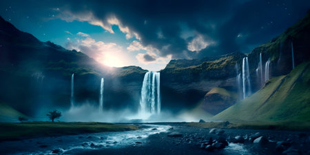 mystical waterfall pouring from a celestial mountain amidst a swirling, ethereal abstract landscape. Generative AIの素材