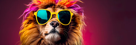 Lion wearing oversized, vibrant sunglasses and striking a pose against a colored backdrop, promotingの素材