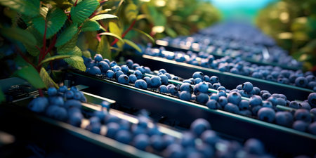 harvester's conveyor belts softly collecting plump blueberries from the bushes and transporting them to containersの素材